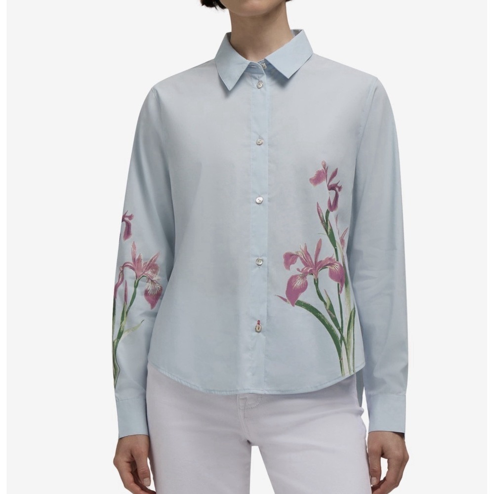 Hunter Original Floral Iris Button Up Shirt Womens Cotton Stretch Blouse Blue XL